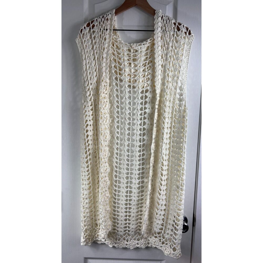 Women's Ivory Crochet Knit Hooded Sweater Coverup Cardigan Size L